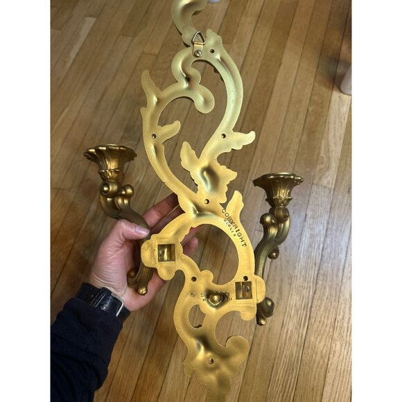 VTG Ornate Gold Wall Sconce 17" | Double Candle Holder Hollywood Regency Elegant - Picture 6 of 7